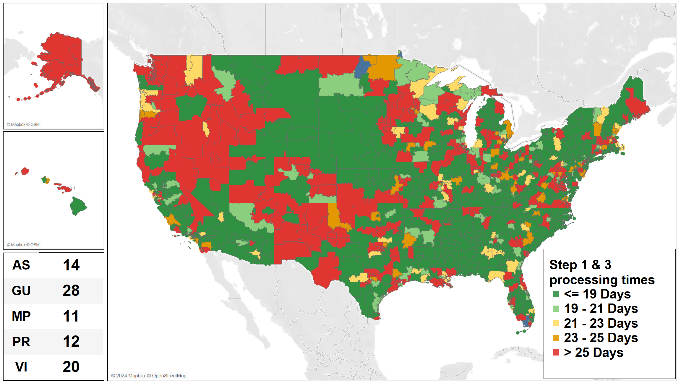 Heat map of the United States and territories showing field office geographies and their average initial disability claims processing time for fiscal year 2024.  The majority of the areas have processing times of 19 days or less with mostly rural areas having processing times of 25 days or more.