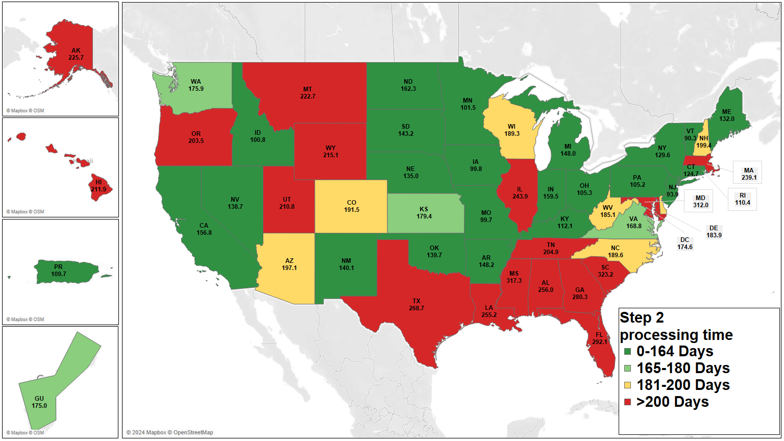 Heat map of the United States and territories showing state Disability Determination Services.  Most states and territories process initial disability determinations on average in less than 180 days with Southeastern states, some of the Rocky Mountains, and other select states on average take more than 200 days.