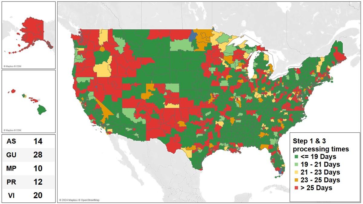 Heat map of the United States and territories showing field office geographies and their average initial disability claims processing time for fiscal year 2024. The majority of the areas have processing times of 19 days or less. Areas with processing times of 25 days or more are more concentrated in the Pacific Northwest and Southwest regions.