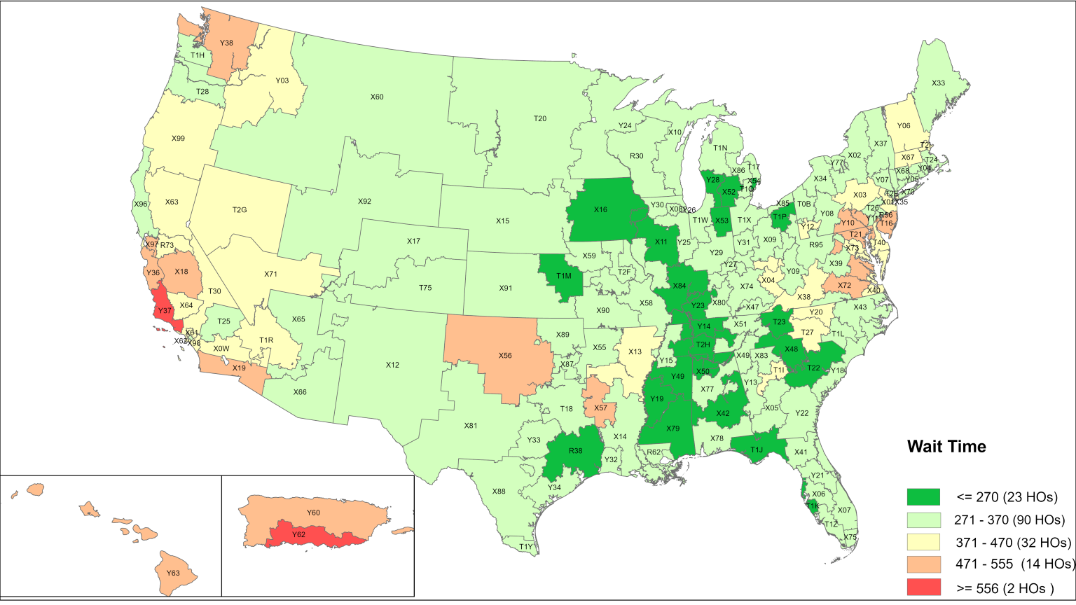 Heat map of the United States showing the average hearing wait times as of April 2024. The majority of hearing offices have an average wait time of less than 370 days, and 2 hearing offices have a wait time higher than 556 days.